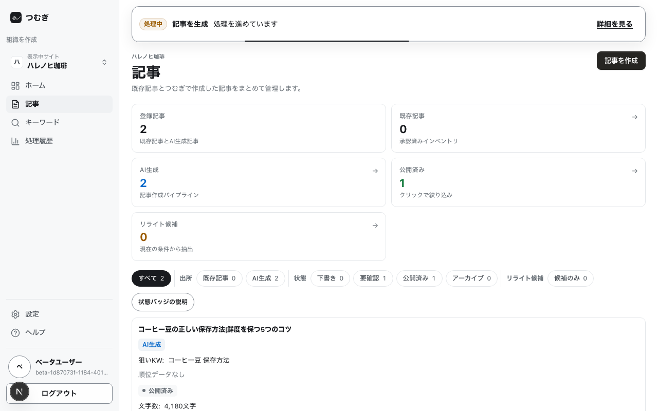 記事一覧。上部のメトリクスカードと、出所・状態のフィルタ、記事の行が並ぶ